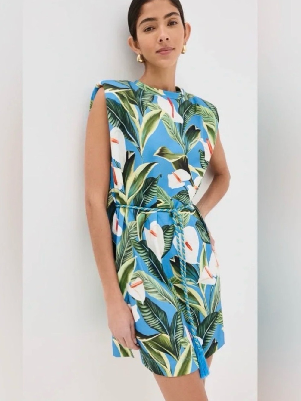 Farm Rio Blue Anthurium Garden Organic Cotton Mini T-Shirt Dress Medium